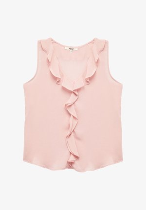 Lyserød ærmeløs top med V-hals og lodrette flæsedetaljer foran, lavet af blødt stof med en glat overflade.