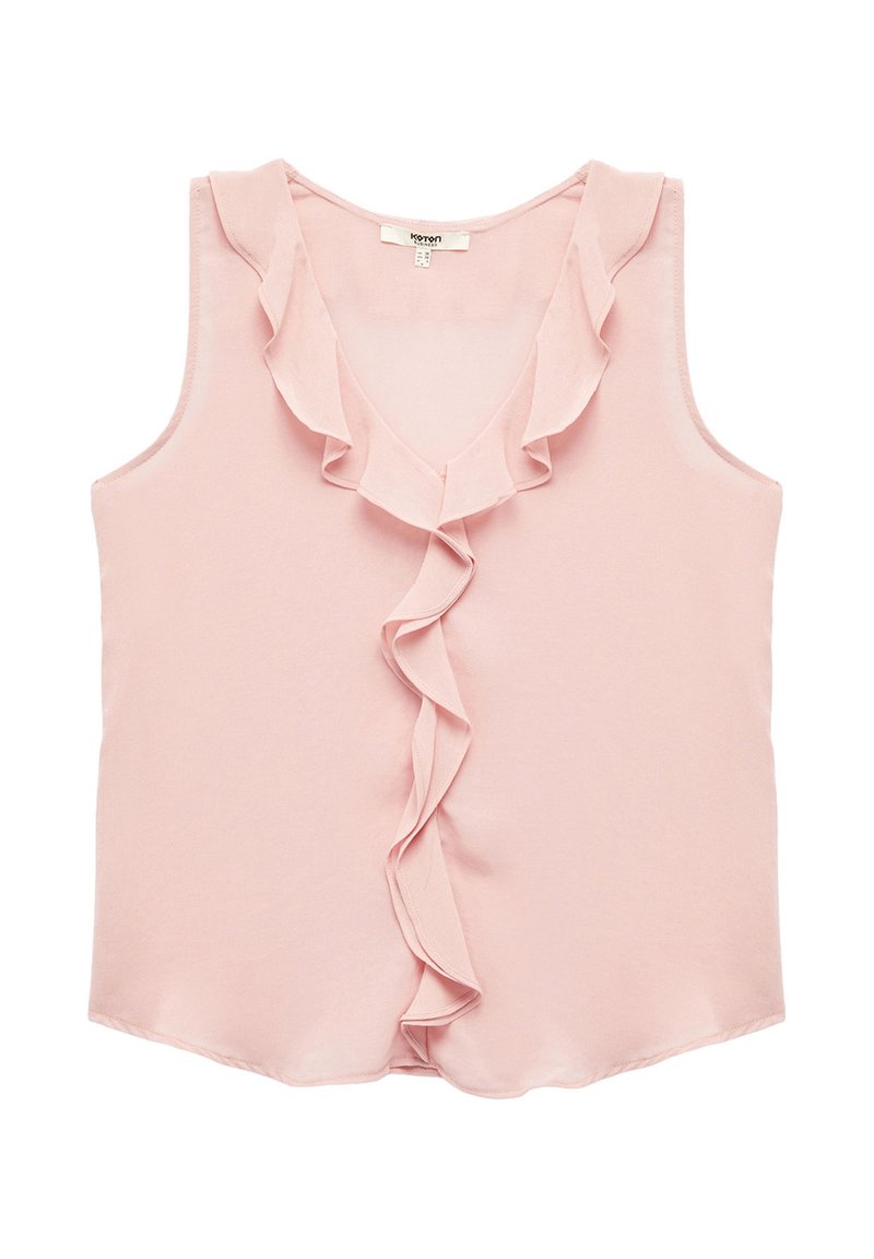 Vaaleanpunainen sleeveless-toppi, jossa on V-pääntie ja pystysuora röyhelökuvio etuosassa, valmistettu pehmeästä kankaasta, jolla on sileä pinta.