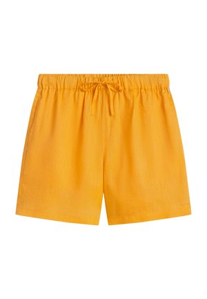 Shorts à taille élastique jaune vif avec cordon de serrage à l'avant et poches latérales, fabriqués à partir d'un tissu léger.