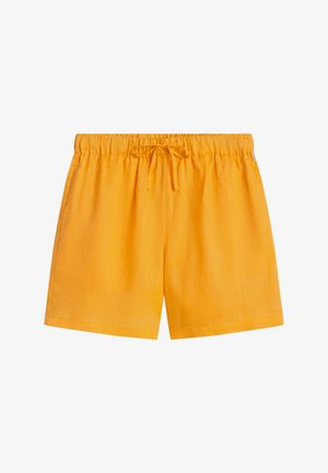 Shorts à taille élastique jaune vif avec cordon de serrage à l'avant et poches latérales, fabriqués à partir d'un tissu léger.