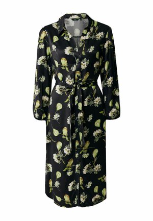 Bloemenprint jurk met een zwarte achtergrond, voorzien van groene en witte bloemen, lange mouwen, een kraaghalslijn en een gestrikt middel.