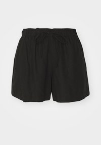 Pantaloni shorts neri in lino con vita elastica e cordino. Presentano una vestibilità comoda, una texture liscia e nessun motivo o logo visibile.
