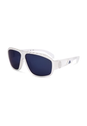 Occhiali da sole Adidas con montatura bianca, lenti rettangolari blu scuro e logo sulla stanghetta, mostrati su sfondo bianco.