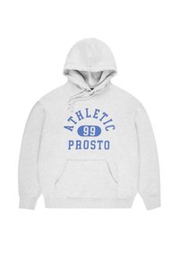Szary hoodie z kapturem na sznurki, kieszenią z przodu oraz niebieskim napisem "ATHLETIC 99 PROSTO" w pogrubionej czcionce. Miękka faktura, swobodny design.