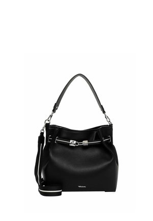 Czarna torebka ze skóry o fakturze z srebrną klamrą, górnym uchwytem i odpinanym paskiem na ramię w paski.