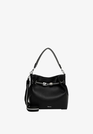 Black textured leather handbag with silver buckle detail, top handle, and removable striped shoulder strap.
