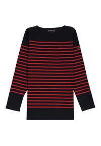 Chemise à manches longues bleu marine avec des rayures rouges horizontales. Encolure ronde, tissu doux et détail de logo subtil sur une manche.