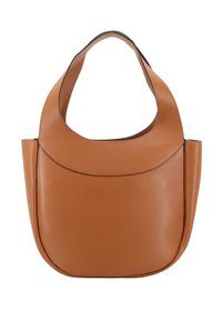 Tasche aus braunem Leder mit einer glatten, strukturierten Oberfläche. Verfügt über einen breiten, geschwungenen Griff und eine strukturierte, runde Silhouette. Minimalistisches Design.