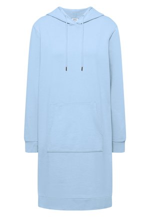 Vestido largo tipo sudadera azul claro con bolsillo canguro frontal, capucha con cordón y puños acanalados en las mangas largas.