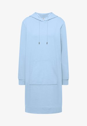 Hellblaues langes Hoodie-Kleid mit vorderer Kängurutasche, Kapuze mit Kordelzug und gerippten Bündchen an den langen Ärmeln.