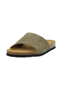 Green suede slide sandal with an open toe design, cork footbed, and black rubber sole. Features a wide strap across the instep.