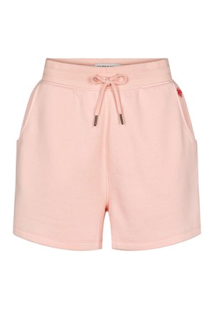 Svetlo roza kratek hlač z mešanico bombaža z elastičnim pasom, zavezovanjem na vrvico, stranskimi žepi in rdečim logotipom.