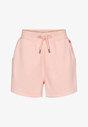 Világos rózsaszín pamutkeverék sort elasztikus derékrésszel, húzózsinóros megkötéssel, oldalzsebekkel és piros logó részlettel.