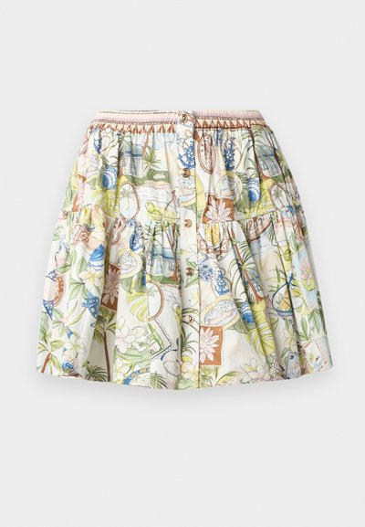 Φούστα με κουμπιά μπροστά και σαζέ μέση, με πολύχρωμα τροπικά και ναυτικά σχέδια σε ανοιχτό φόντο.