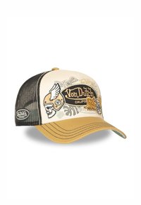 Gorra de béisbol Von Dutch en beige y negro con parches de calavera y alas en la parte frontal y panel trasero de malla.