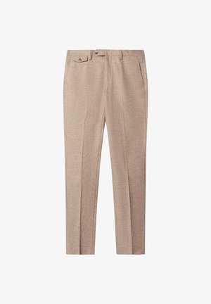 Beżowe spodnie materiałowe z teksturowanym splotem, z płaskim przodem, dwoma bocznymi kieszeniami i pojedynczym zapięciem na guzik w pasie. Dopasowany krój, bez mankietów.