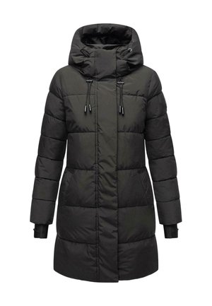 Sort puffede jakke med hætte, der har lynlås foran, brede quiltede sektioner og justerbare snore i halsen for et tætsiddende look.