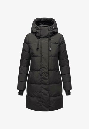 Black puffer coat with a hood, featuring a zippered front, wide quilted sections, and adjustable drawstrings at the neckline for a fitted look.