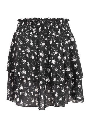 Schwarzer mehrlagiger Rock mit weißem kleinem Blumenmuster und gerafftem elastischem Bund.