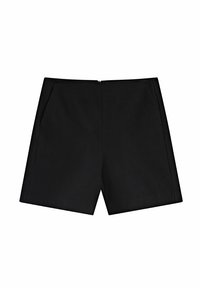 Shorts noirs au design ajusté, dotés d'une fermeture éclair et de deux poches latérales, fabriqués à partir d'un tissu lisse avec une finition mate.