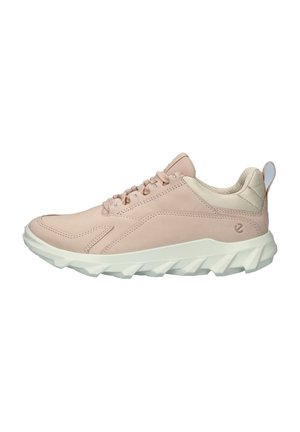 Light pink athletic shoes made of smooth leather and mesh, featuring a thick white rubber sole with angular treads and a looped heel tab.