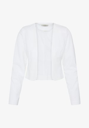 Hvit cropped blazer med åpen front, lange ermer og enkel halsåpning uten krage, skreddersydd passform.