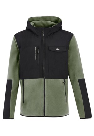 Herren-Hoodie-Jacke mit einem schwarzen oberen Bereich und einem unteren Teil aus grünem Fleece, mit Reißverschlusstaschen und einem kleinen Logo auf der Brust.