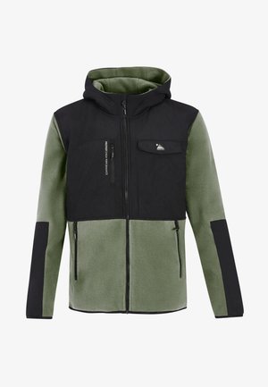 Heren hoodie met een zwarte bovenkant en een groene fleece onderkant, voorzien van ritssluitingen en een klein logo op de borst.