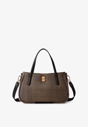 Borsa marrone strutturata con manici e dettagli in pelle nera. Presenta hardware in tonalità dorata e una tracolla removibile.