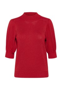 Czerwona dziana bluzka z wysokim kołnierzem, krótkimi bufiastymi rękawami i fakturowanym wykończeniem z delikatnym błyskiem. Krótki krój z prążkowanymi akcentami.