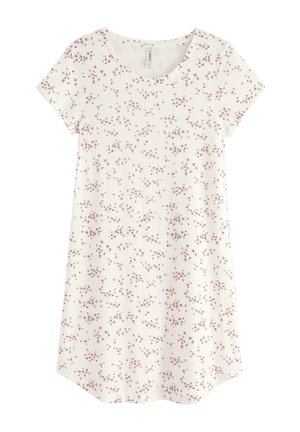 White short-sleeve dress with a floral pattern in pink and maroon. Ribbed texture with a round neckline and an A-line silhouette.