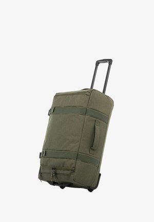 Grüne Stoffreisetasche auf Rollen mit zwei Tragegurten, einem ausziehbaren Griff und einer strukturierten Oberfläche. Verfügt über Reißverschlussfächer und stabile Rollen.