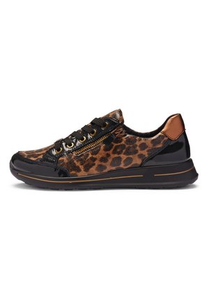 Low-top sneaker with leopard print, black patent accents, black laces, gold zipper on side, and black sole with gold trim.