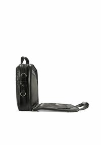 Czarna skórzana torba na laptopa z zamkiem błyskawicznym, boczną kieszenią i regulowanym paskiem. Charakteryzuje się gładką fakturą i metalicznymi akcentami.