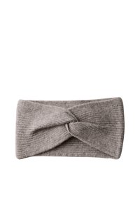 Bandeau en tricot côtelé marron clair avec un détail en nœud torsadé, centré sur un fond blanc.