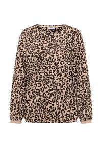 Camisa de manga larga con estampado de leopardo en beige con manchas marrón oscuro. Tiene un escote redondo, detalle de botones y puños elásticos. Tejido suave.