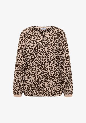 Leopardenmuster Langarmoberteil in Beige mit dunkelbraunen Punkten. Verfügt über einen runden Ausschnitt, Knopfdetails und elastische Bündchen. Weicher Stoff.