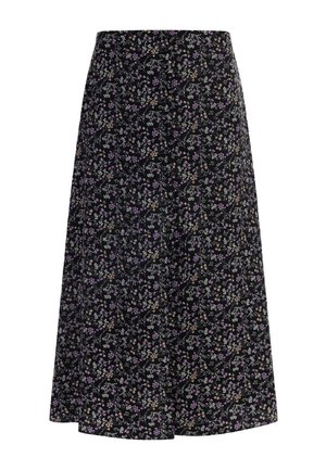 Gonna nera di lunghezza media con stampa floreale in viola, rosa e beige. Presenta un tessuto morbido e una vita elasticizzata per il massimo comfort.