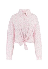 En kortärmad skjorta i ljusrosa tyg med ett geometriskt mönster i mörkare rosa. Knappstängning framtill med en knytning i midjan och långa ärmar.