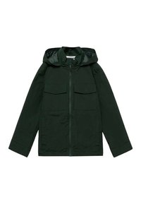Giacca verde scuro con cappuccio, realizzata in tessuto liscio. Presenta due grandi tasche frontali e una cerniera completa. Design semplice e funzionale.