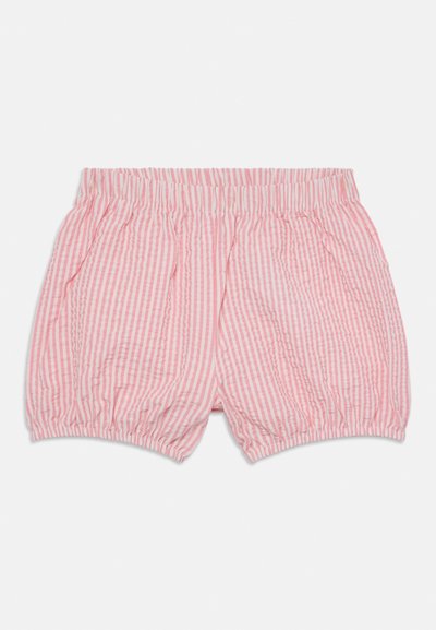 Rosa og hvite stripete shorts med elastisk midje, med samlet struktur og sidelommer. Mykt bomullsstoff.