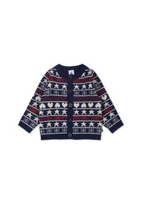 Cardigan en tricot bleu marine avec un motif festif comportant des étoiles, des cœurs et des inscriptions en rouge et crème. Fermeture à boutons sur le devant et poignets côtelés.