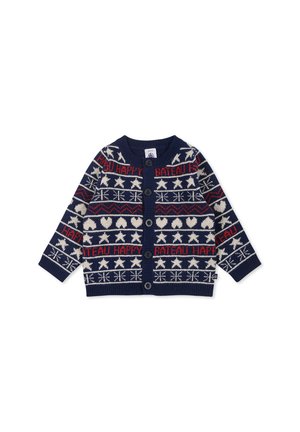 Cardigan lavorato a maglia blu navy con un motivo festivo che presenta stelle, cuori e testo in rosso e crema. Chiusura frontale con bottoni e polsini a coste.