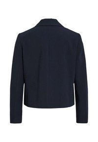 Blazer bleu marine avec une coupe ajustée, col cranté et manches longues. Tissu lisse et design court, comportant des détails de couture minimalistes.