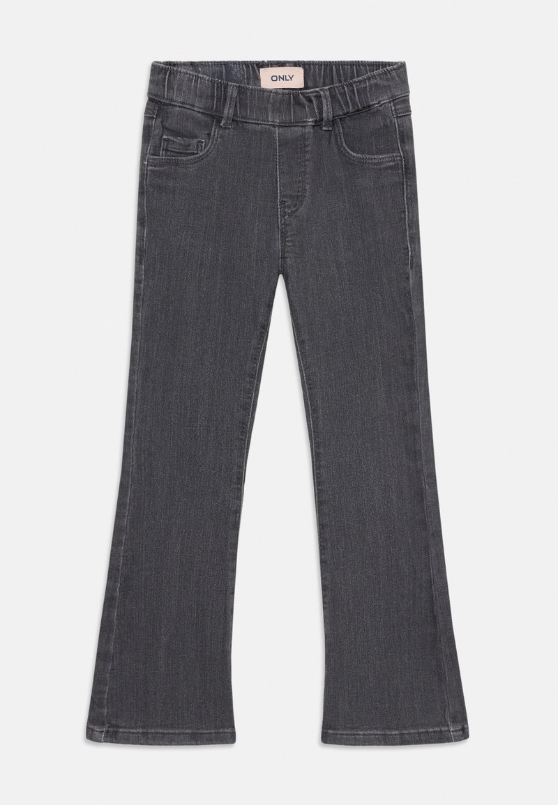 Gray denim flared jeans with an elastic waistband, front pockets, and a smooth texture. Designed with a classic five-pocket style.