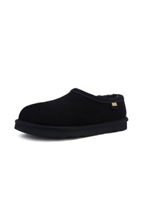 Pantofole in suede nero con punta tonda, morbida fodera interna e soletta nera piatta. Include un piccolo accento di logo metallizzato.