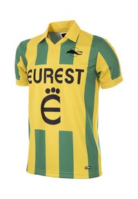 Gele en groene gestreepte voetbalshirt met kraag, featuring de tekst "EUREST" en een logo. Gemaakt van zacht, ademend materiaal.