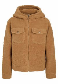Giacca in pile marrone con cappuccio, chiusura a zip e due tasche sul petto. Tessuto testurizzato e polsini a coste con un fit rilassato.