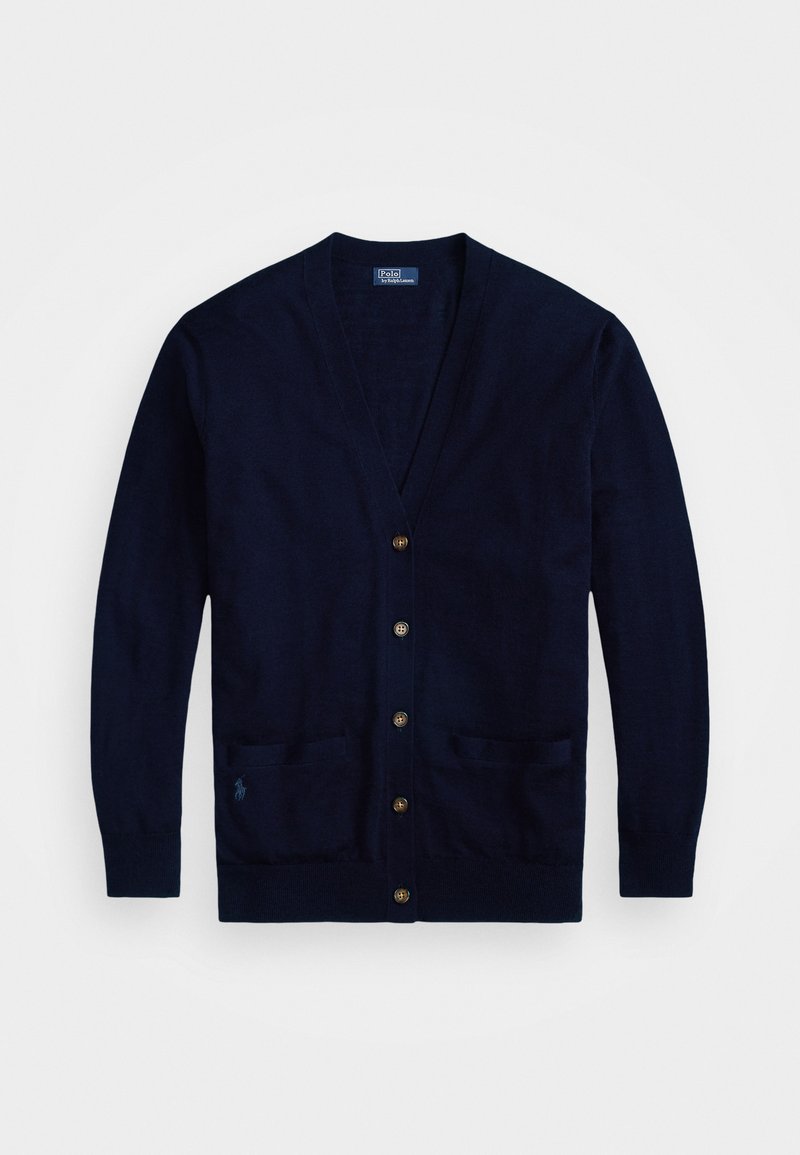 Marineblauwe cardigan met een V-hals, zeven gouden knopen, twee voorkruiden en een klein geborduurd logo op de linkse zak.