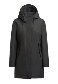 Veste noire imperméable avec capuche, dotée de poches latérales zippées, d'une coupe droite et d'une texture lisse. Design minimaliste.